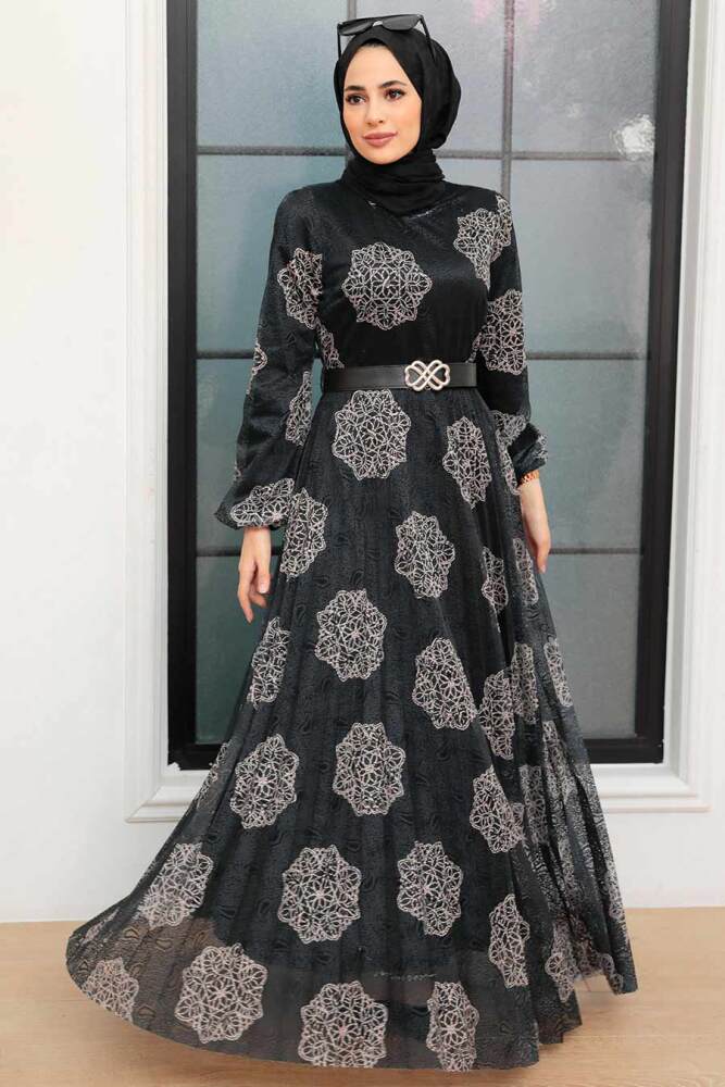 Neva Style - Çiçek Desenli Siyah Tesettür Elbise 11870S - 3