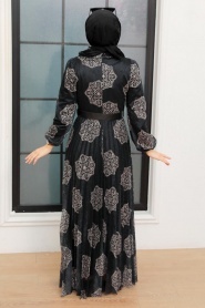 Neva Style - Çiçek Desenli Siyah Tesettür Elbise 11870S - Thumbnail