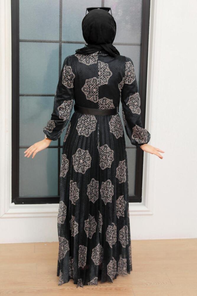 Neva Style - Çiçek Desenli Siyah Tesettür Elbise 11870S - 4