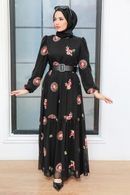 Neva Style - Çiçek Desenli Siyah Tesettür Elbise 12040S - Thumbnail