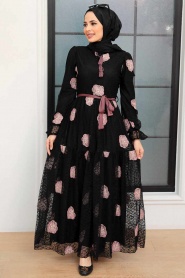 Neva Style - Çiçek Desenli Siyah Tesettür Elbise 1216S - Thumbnail