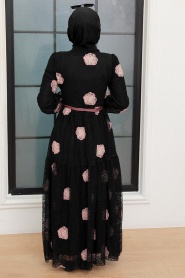 Neva Style - Çiçek Desenli Siyah Tesettür Elbise 1216S - Thumbnail