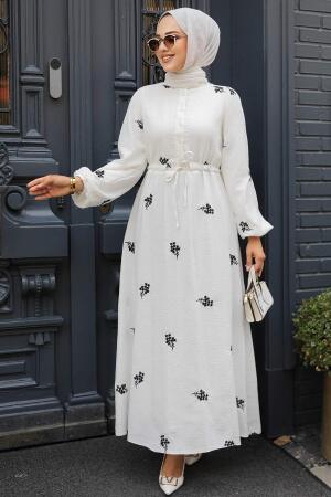  Çiçek Desenli Siyah Tesettür Elbise 13321S - 1