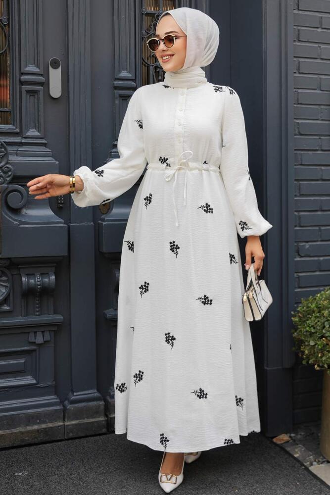  Çiçek Desenli Siyah Tesettür Elbise 13321S - 1