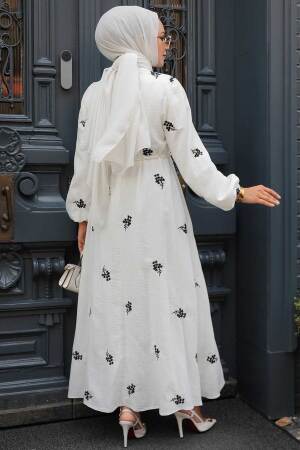  Çiçek Desenli Siyah Tesettür Elbise 13321S - 2