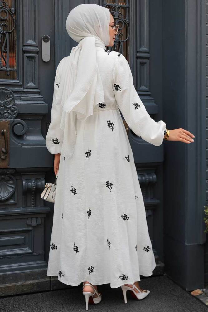  Çiçek Desenli Siyah Tesettür Elbise 13321S - 2