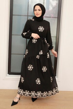 Neva Style - Çiçek Desenli Siyah Tesettür Elbise 1332S - 1