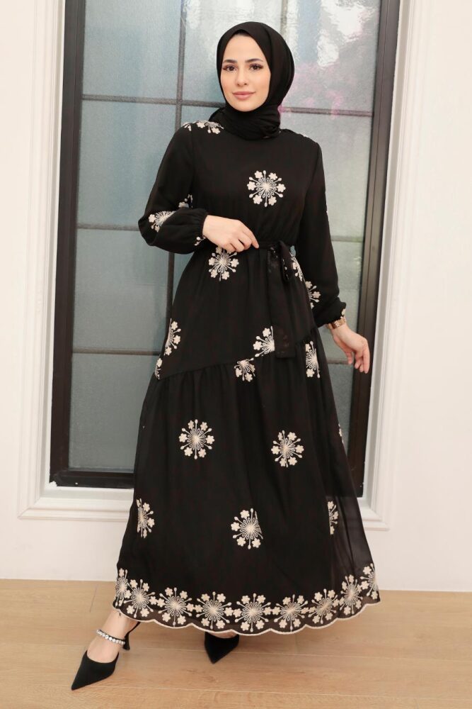 Neva Style - Çiçek Desenli Siyah Tesettür Elbise 1332S - 1