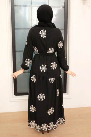 Neva Style - Çiçek Desenli Siyah Tesettür Elbise 1332S - 3