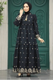 Neva Style - Çiçek Desenli Siyah Tesettür Elbise 1381S - Thumbnail