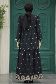 Neva Style - Çiçek Desenli Siyah Tesettür Elbise 1381S - Thumbnail