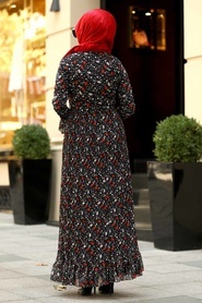Neva Style - Çiçek Desenli Siyah Tesettür Elbise 13930S - Thumbnail