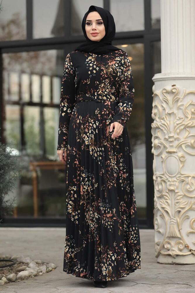 Neva Style - Çiçek Desenli Siyah Tesettür Elbise 14532S - 1