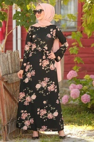Neva Style - Çiçek Desenli Siyah Tesettür Elbise 15253S - Thumbnail