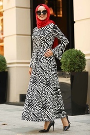 Neva Style - Zebra Desenli Siyah Tesettür Elbise 15259S - Thumbnail