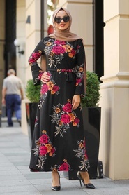 Neva Style - Çiçek Desenli Siyah Tesettür Elbise 15255S - Thumbnail