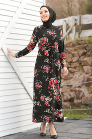 Neva Style - Çiçek Desenli Siyah Tesettür Elbise 1683S - Thumbnail