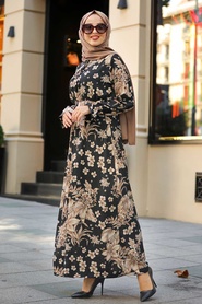 Neva Style - Çiçek Desenli Siyah Tesettür Elbise 1717S - Thumbnail
