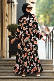Neva Style - Çiçek Desenli Siyah Tesettür Elbise 19741S - Thumbnail