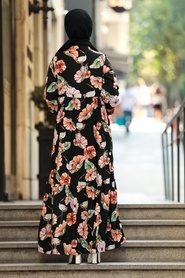 Neva Style - Çiçek Desenli Siyah Tesettür Elbise 19741S - Thumbnail
