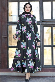 Neva Style - Çiçek Desenli Siyah Tesettür Elbise 21601S - Thumbnail