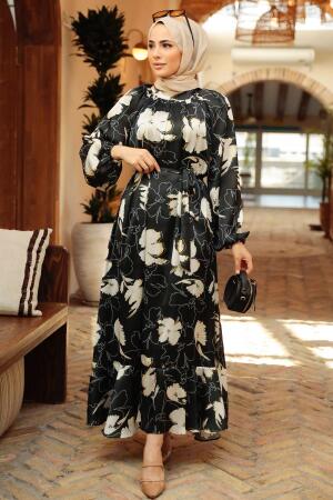 Neva Style - Çiçek Desenli Siyah Tesettür Elbise 22770S - 3