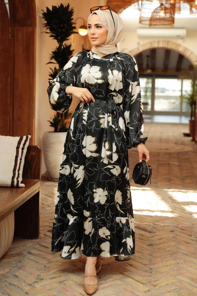 Neva Style - Çiçek Desenli Siyah Tesettür Elbise 22770S - 3