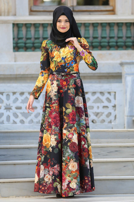 Neva Style - Çiçek Desenli Siyah Tesettür Elbise 2415S