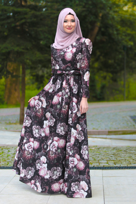 Neva Style - Çiçek Desenli Siyah Tesettür Elbise 2416S