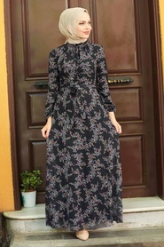 Neva Style -Çiçek Desenli Siyah Tesettür Elbise 279011S - Thumbnail