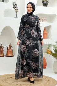 Neva Style - Çiçek Desenli Siyah Tesettür Elbise 279013S - Thumbnail