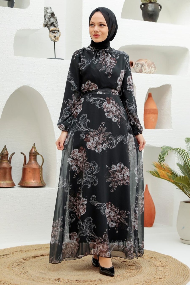 Neva Style - Çiçek Desenli Siyah Tesettür Elbise 279013S - 1