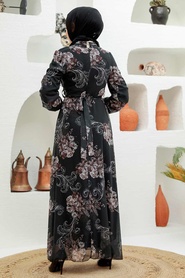 Neva Style - Çiçek Desenli Siyah Tesettür Elbise 279013S - Thumbnail