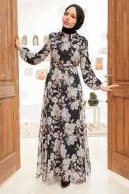 Neva Style - Çiçek Desenli Siyah Tesettür Elbise 279015S - Thumbnail