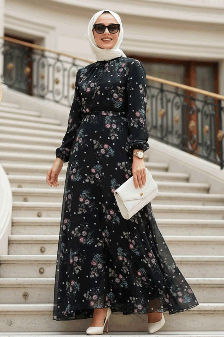  Çiçek Desenli Siyah Tesettür Elbise 279026S