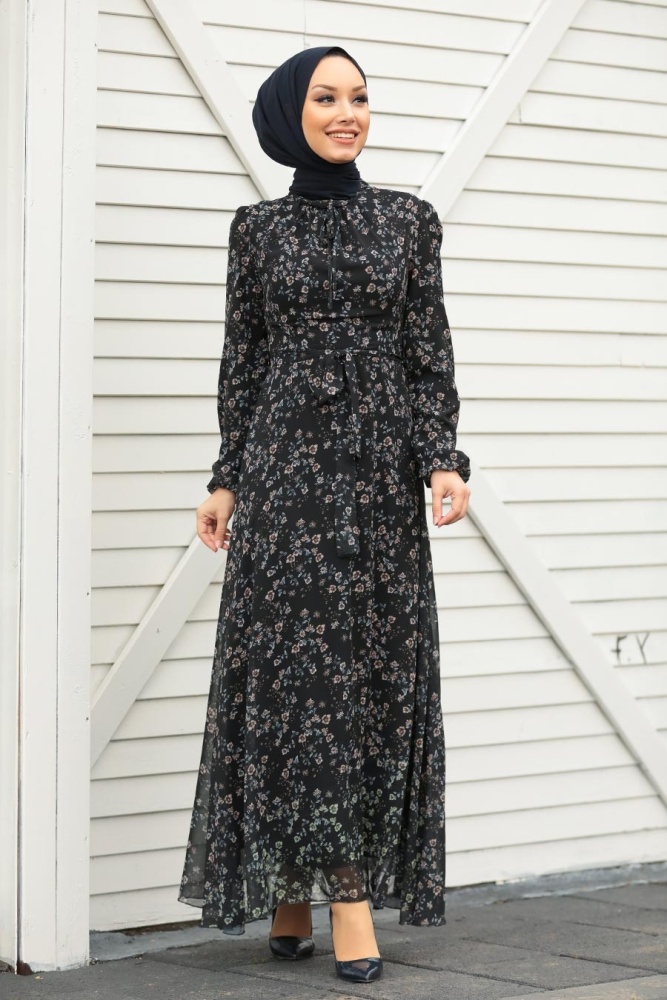 Neva Style - Çiçek Desenli Siyah Tesettür Elbise 27902S - 1