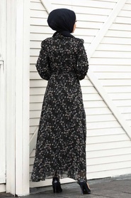 Neva Style - Çiçek Desenli Siyah Tesettür Elbise 27902S - Thumbnail