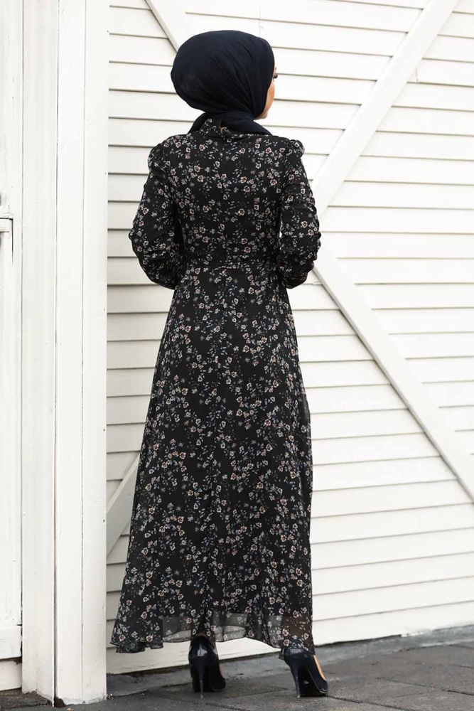 Neva Style - Çiçek Desenli Siyah Tesettür Elbise 27902S - 2