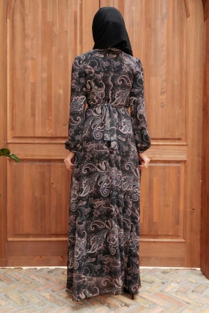  Çiçek Desenli Siyah Tesettür Elbise 279031S - 2