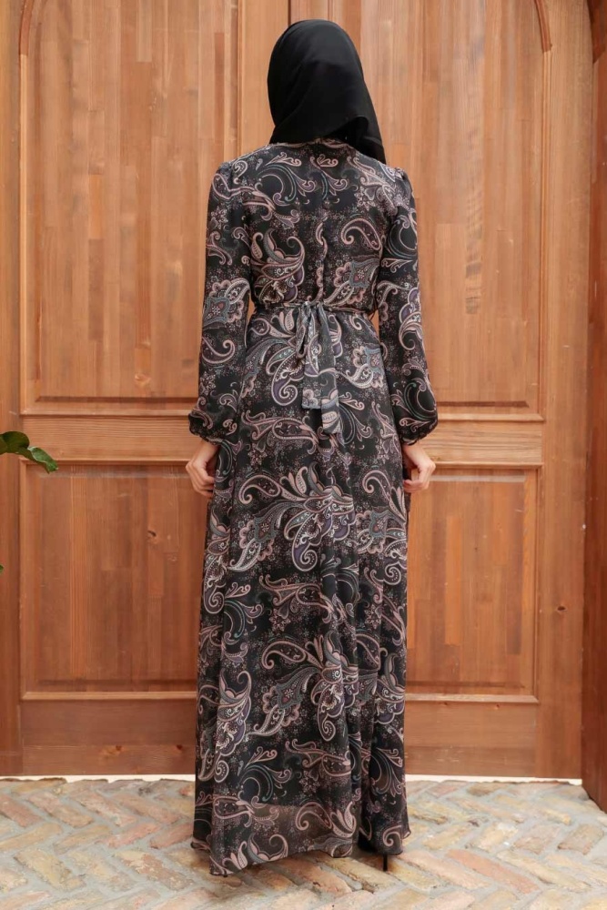  Çiçek Desenli Siyah Tesettür Elbise 279031S - 2
