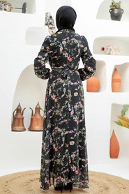 Neva Style - Çiçek Desenli Siyah Tesettür Elbise 279032S - Thumbnail