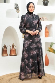 Neva Style - Çiçek Desenli Siyah Tesettür Elbise 279036S - Thumbnail