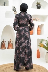 Neva Style - Çiçek Desenli Siyah Tesettür Elbise 279036S - Thumbnail