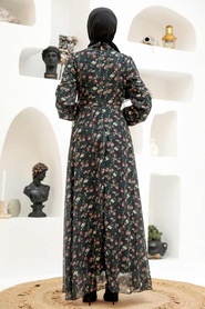 Neva Style - Çiçek Desenli Siyah Tesettür Elbise 279041S - Thumbnail