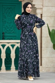 Neva Style - Çiçek Desenli Siyah Tesettür Elbise 279044S - Thumbnail