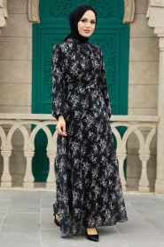Neva Style - Çiçek Desenli Siyah Tesettür Elbise 279047S - Thumbnail