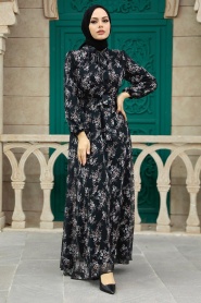 Neva Style - Çiçek Desenli Siyah Tesettür Elbise 279047S - Thumbnail