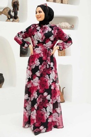 Neva Style - Çiçek Desenli Siyah Tesettür Elbise 279054S - Thumbnail
