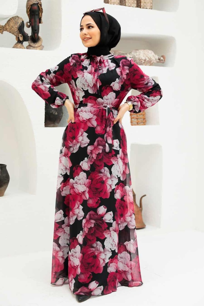 Neva Style - Çiçek Desenli Siyah Tesettür Elbise 279054S - 1