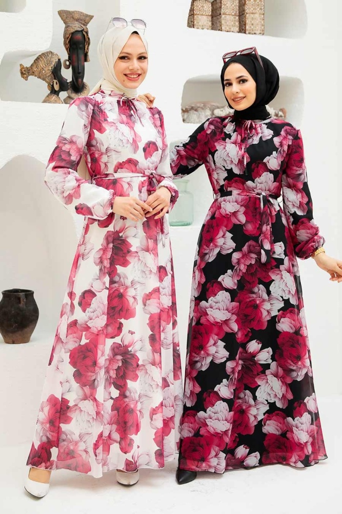 Neva Style - Çiçek Desenli Siyah Tesettür Elbise 279054S - 3